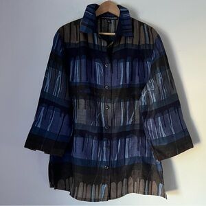 Linda Allard Ellen Tracy 100% Linen Modern Print Button Up Tunic Blue Brown 16